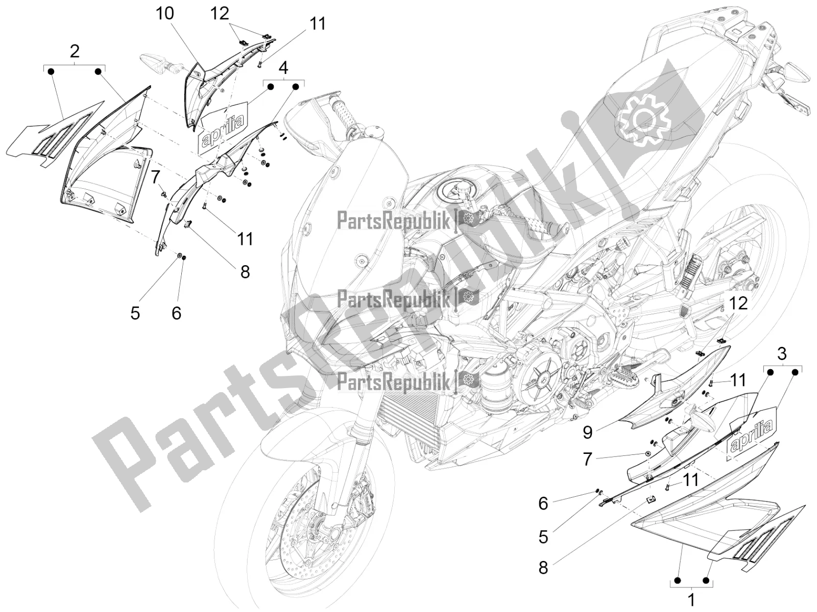 All parts for the Side Fairing of the Aprilia Caponord 1200 Rally 2016