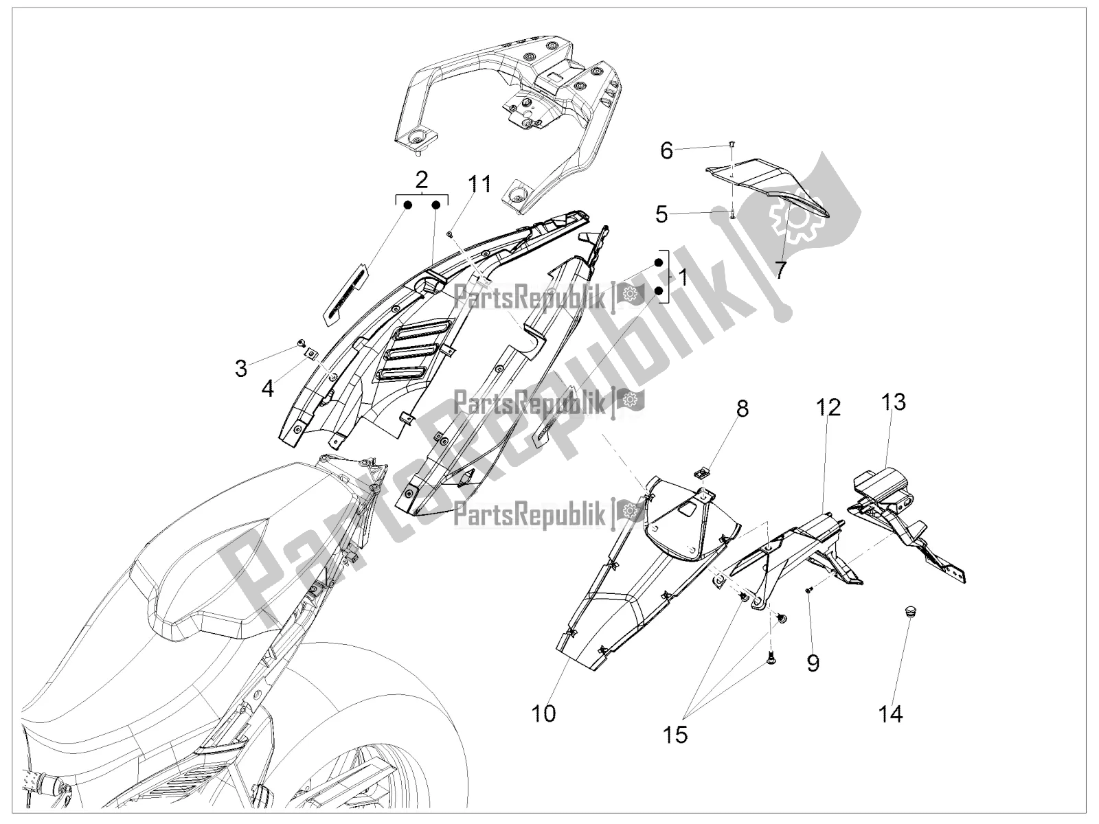 Alle onderdelen voor de Achterlichaam van de Aprilia Caponord 1200 Rally USA 2016