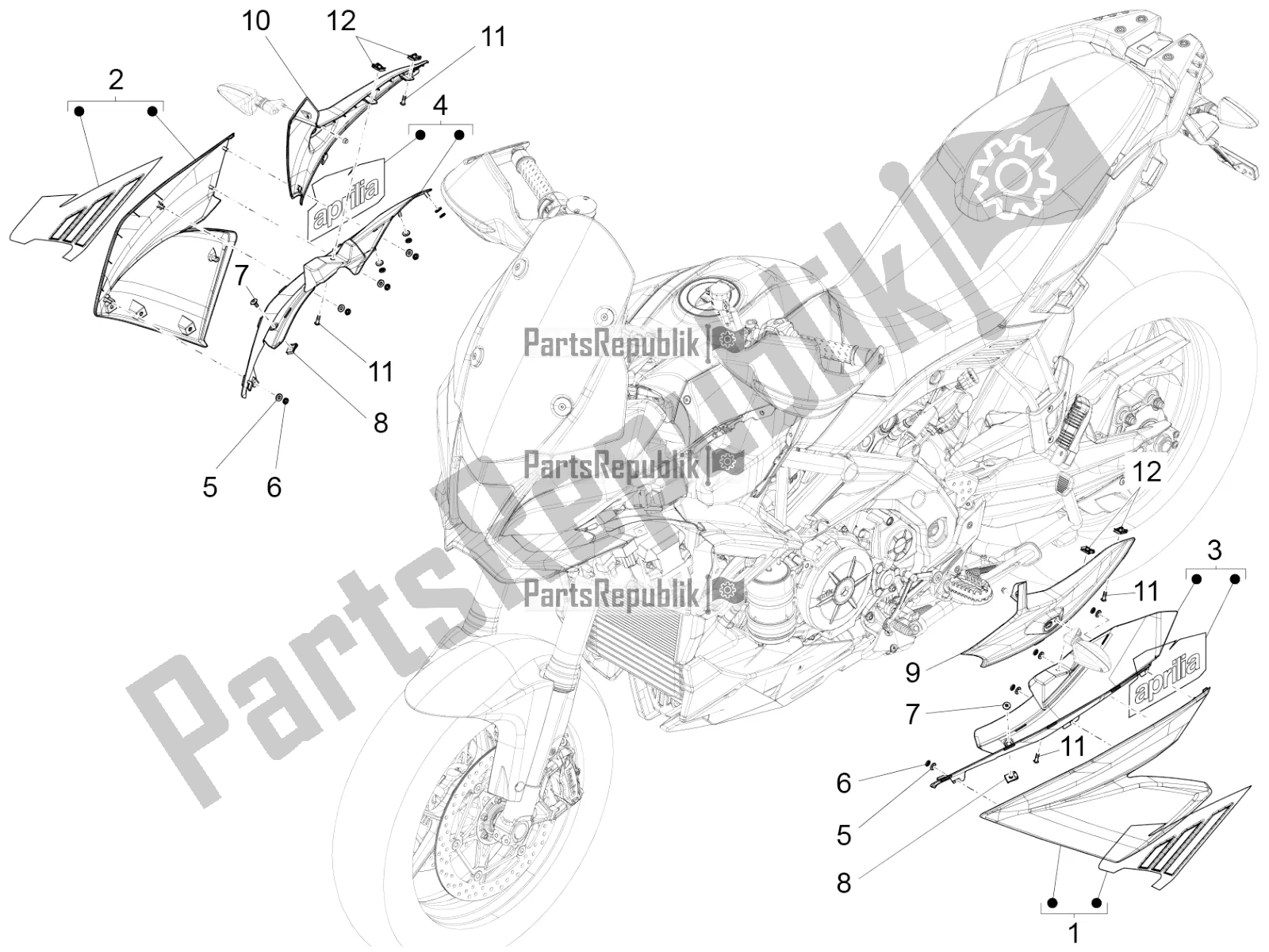 All parts for the Side Fairing of the Aprilia Caponord 1200 Rally USA 2016