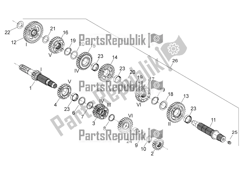 All parts for the Gear Box of the Aprilia Dorsoduro 750 2016