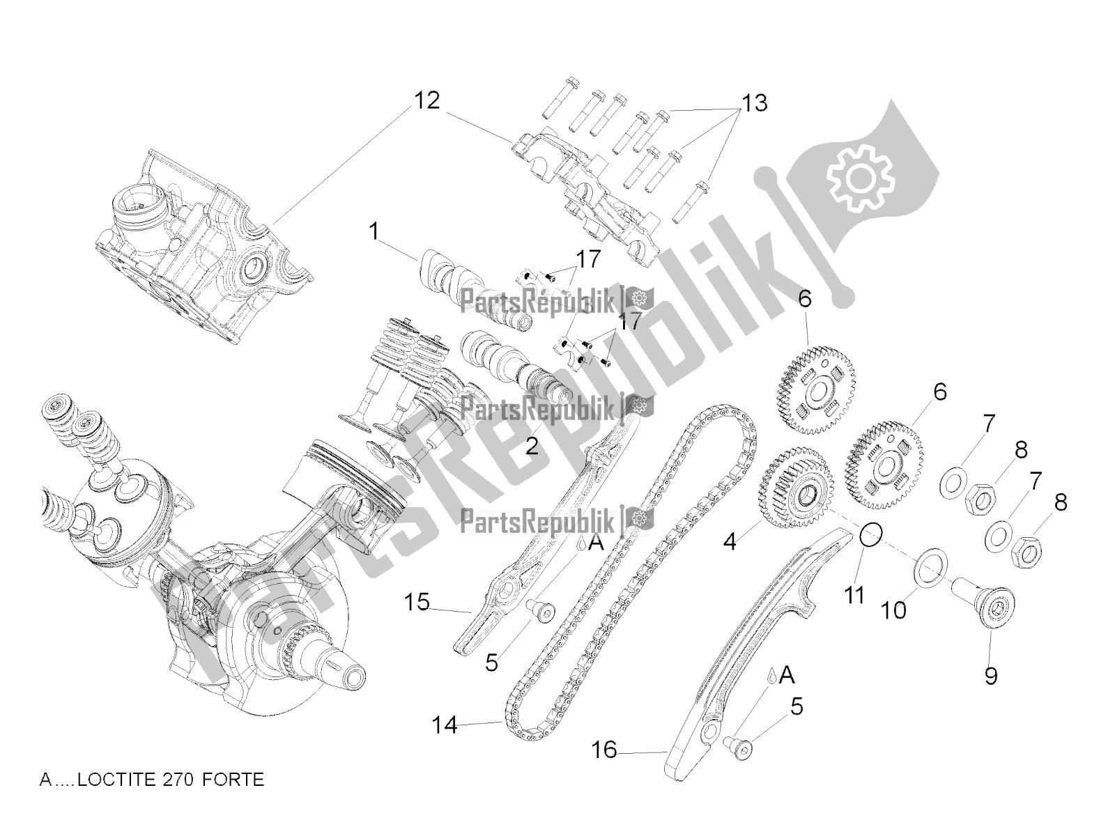 Alle onderdelen voor de Achterste Cilinder Timing Systeem van de Aprilia Dorsoduro 750 2016