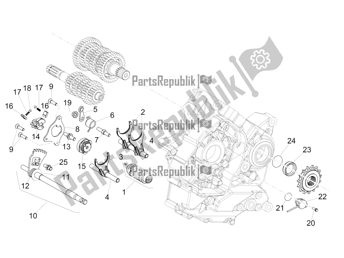 All parts for the Gear Box / Selector / Shift Cam of the Aprilia Dorsoduro 900 ABS 2018