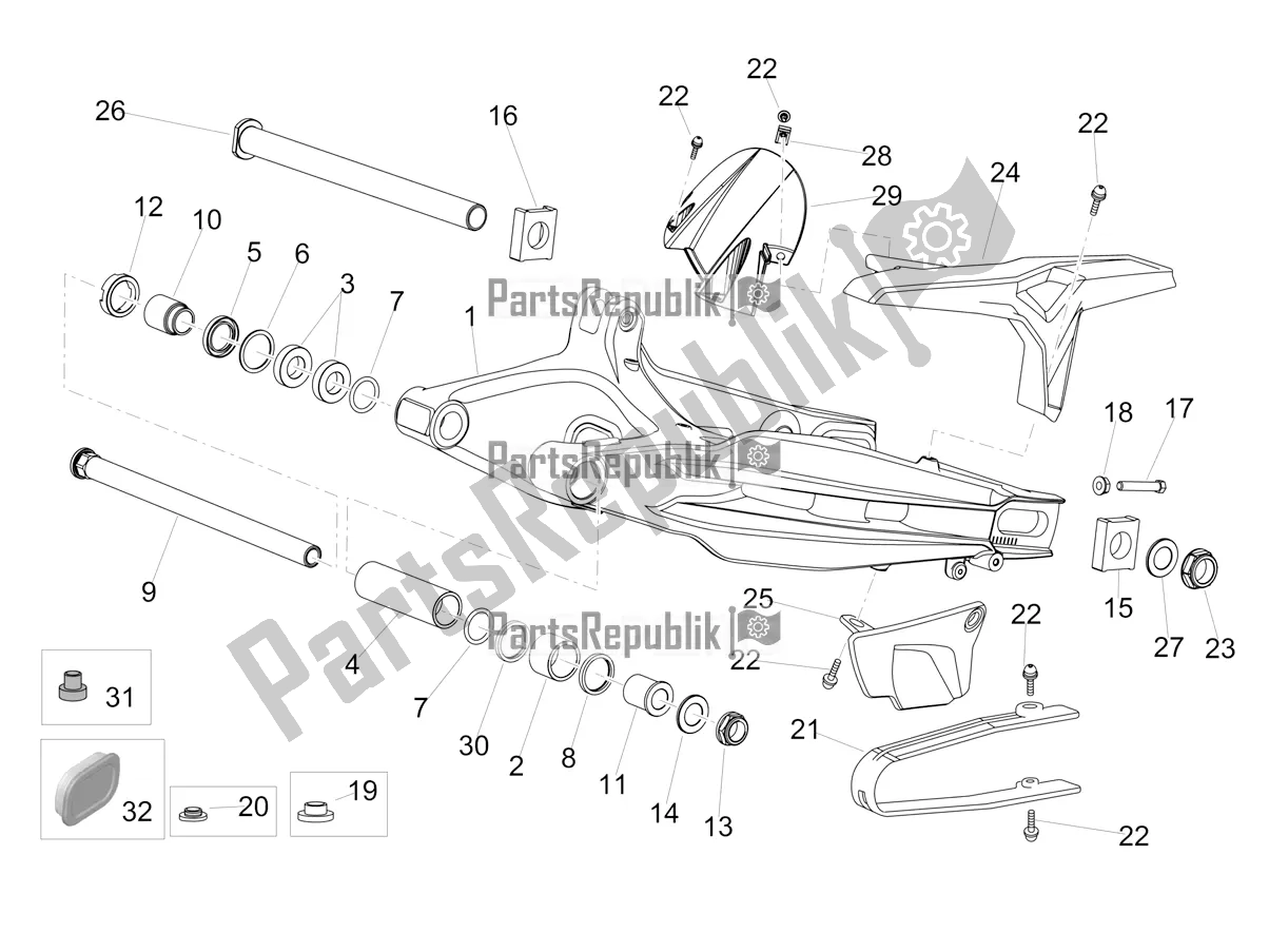 All parts for the Swing Arm of the Aprilia Dorsoduro 900 ABS 2018