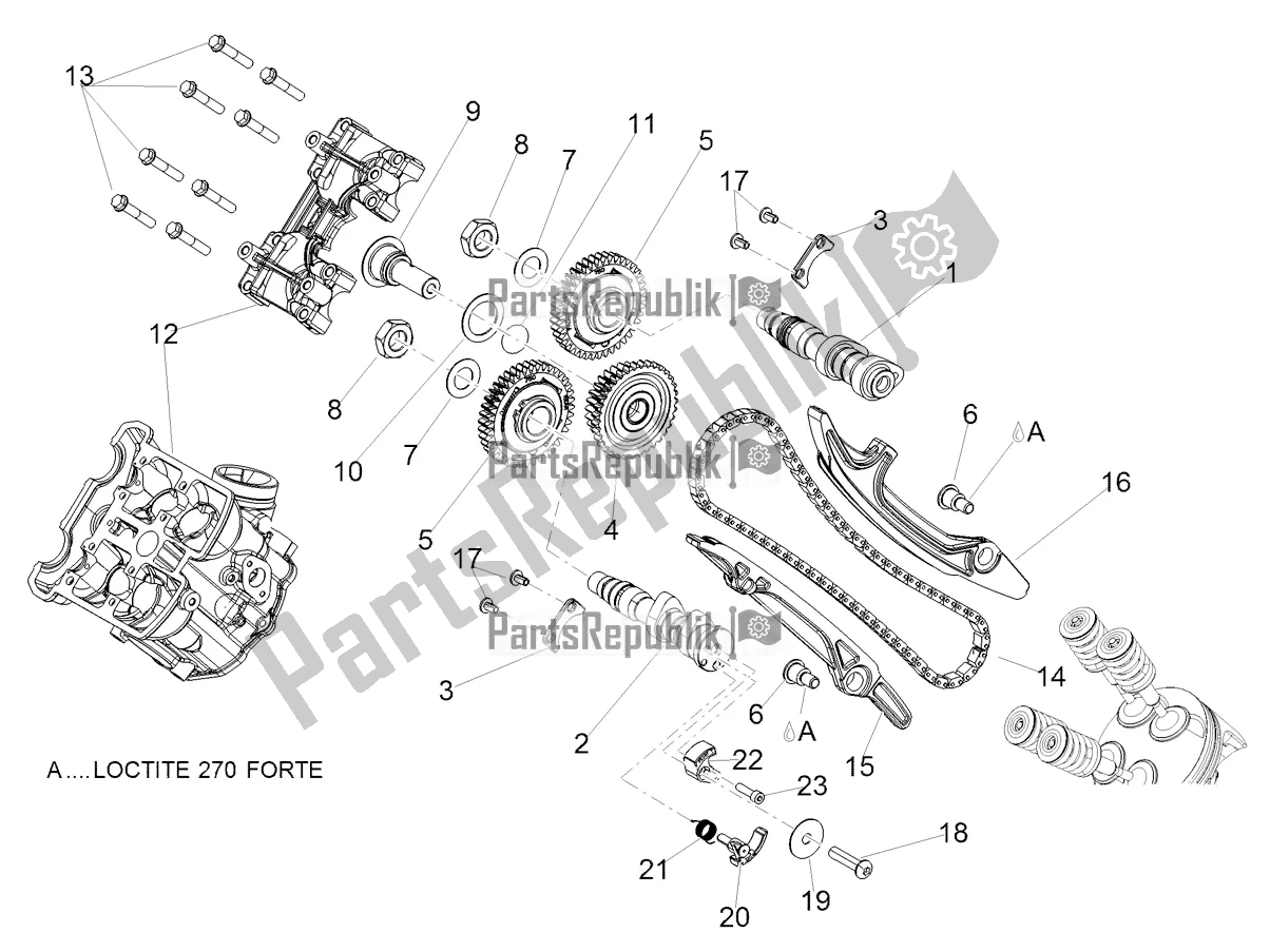Alle onderdelen voor de Voorste Cilinder Timing Systeem van de Aprilia Dorsoduro 900 ABS 2019