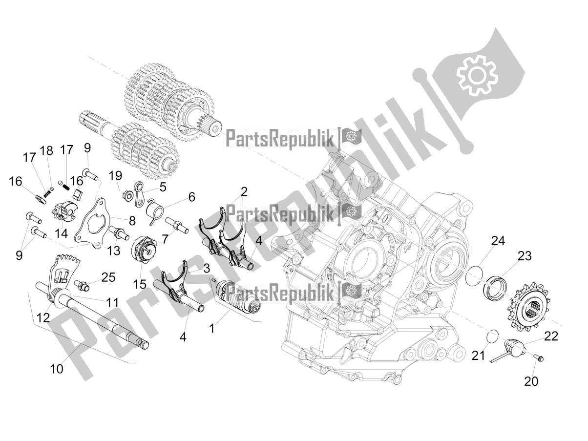 Alle onderdelen voor de Versnellingsbak / Keuzeschakelaar / Schakelnok van de Aprilia Dorsoduro 900 ABS 2019