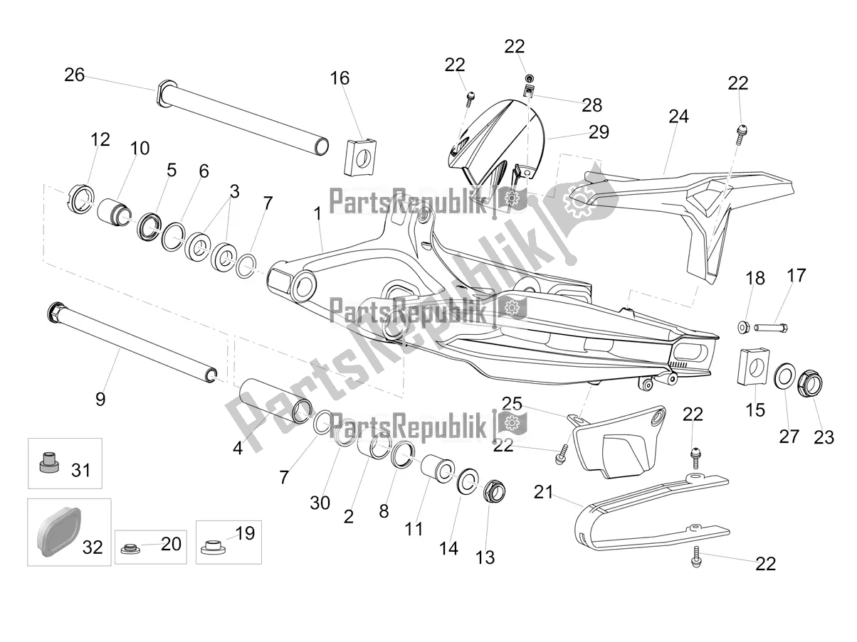 All parts for the Swing Arm of the Aprilia Dorsoduro 900 ABS 2019