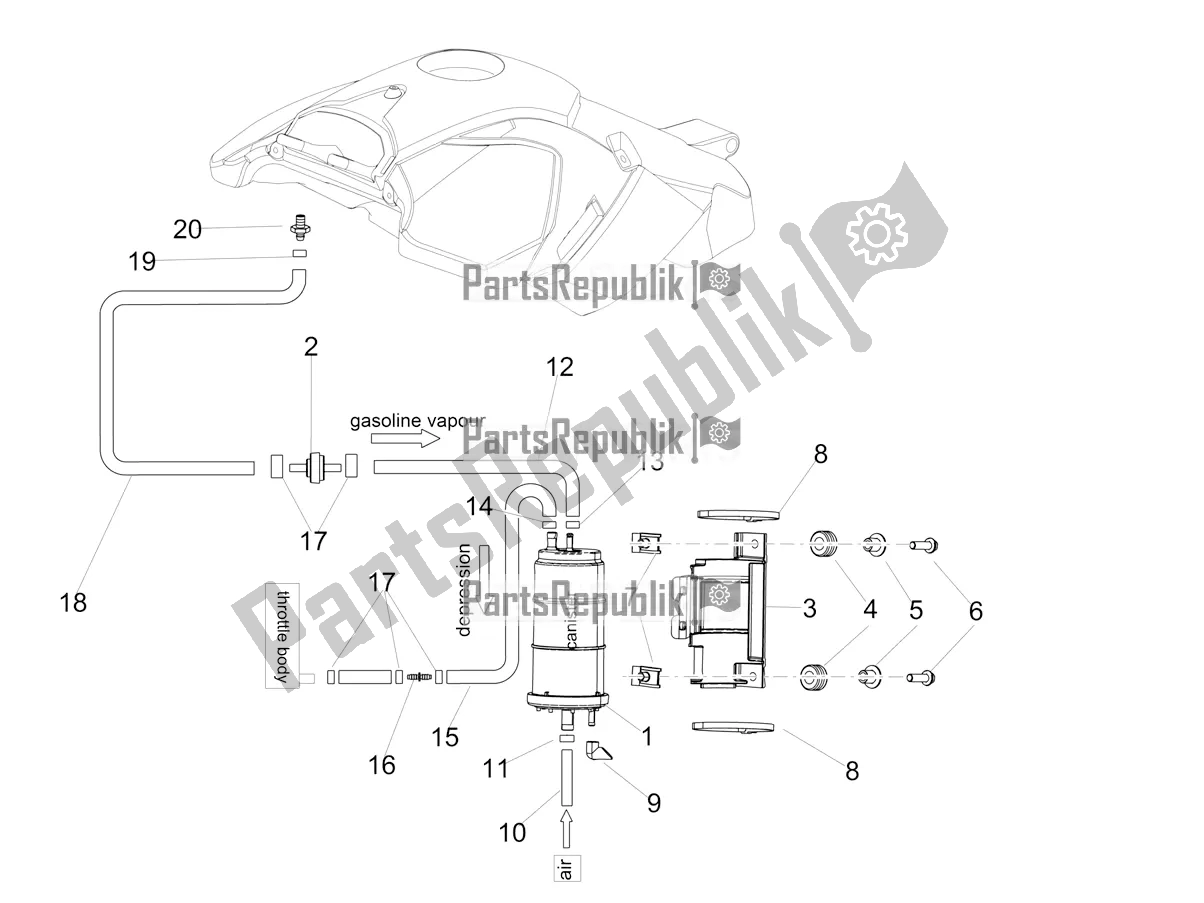 All parts for the Fuel Vapour Recover System of the Aprilia Dorsoduro 900 ABS 2020