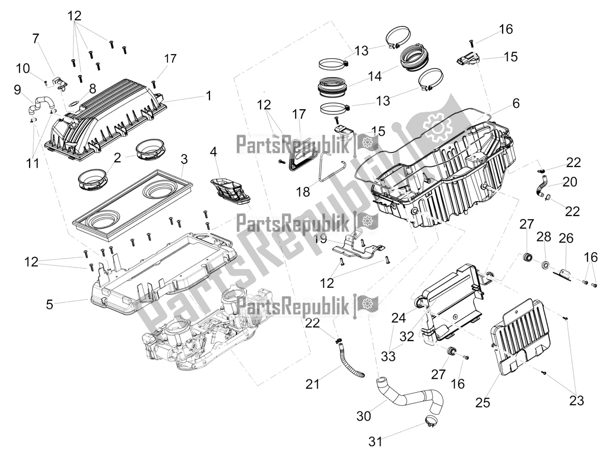 All parts for the Air Box of the Aprilia Dorsoduro 900 ABS Apac 2018