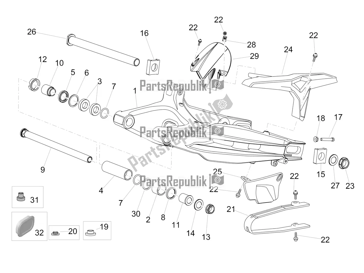 All parts for the Swing Arm of the Aprilia Dorsoduro 900 ABS Apac 2019