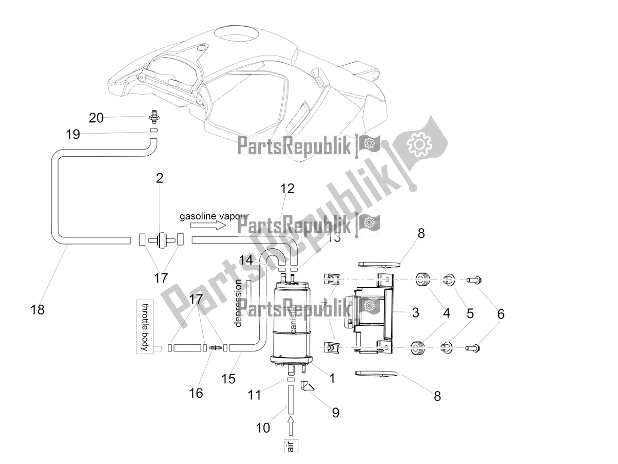 Alle onderdelen voor de Brandstofdampterugwinningssysteem van de Aprilia Dorsoduro 900 ABS Apac 2020