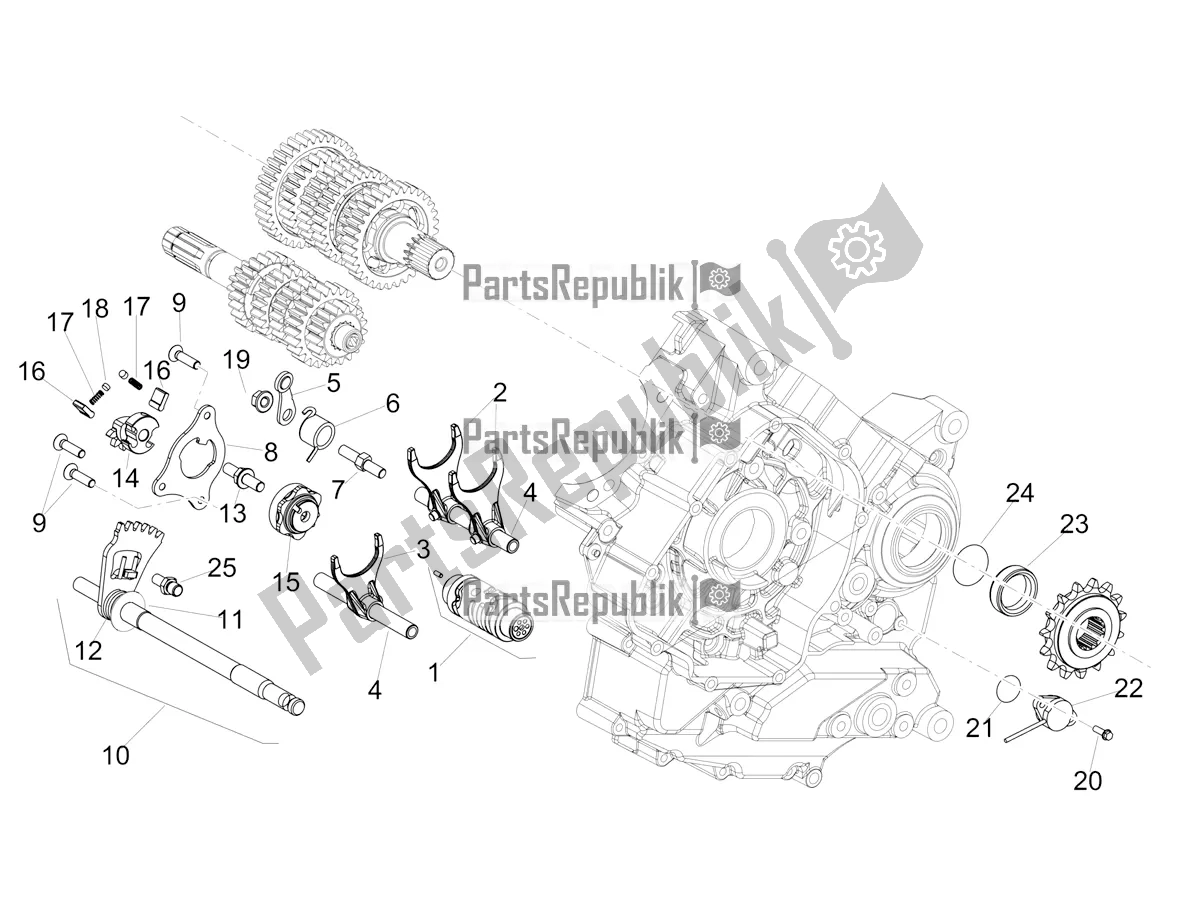 All parts for the Gear Box / Selector / Shift Cam of the Aprilia Dorsoduro 900 ABS Apac 2021