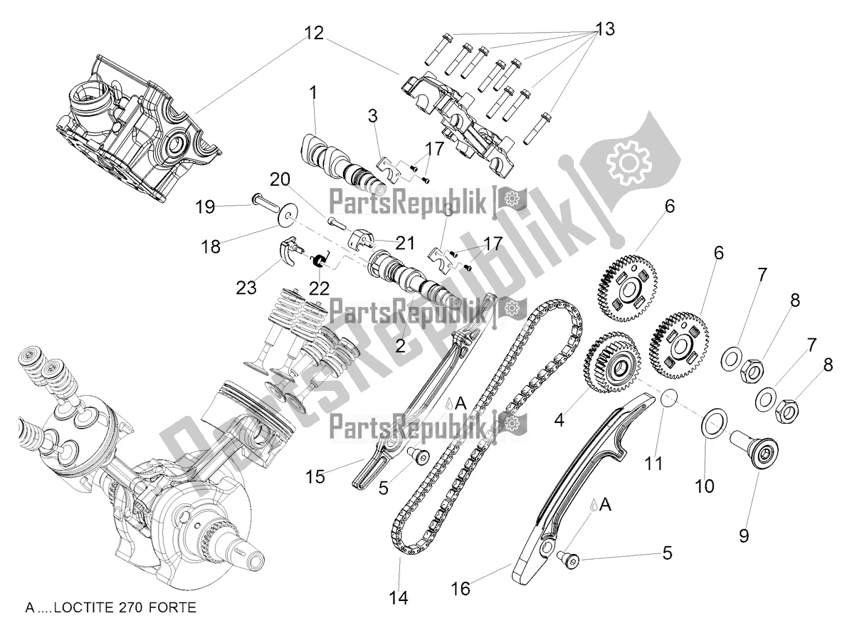 Alle onderdelen voor de Achterste Cilinder Timing Systeem van de Aprilia Dorsoduro 900 ABS USA 2018