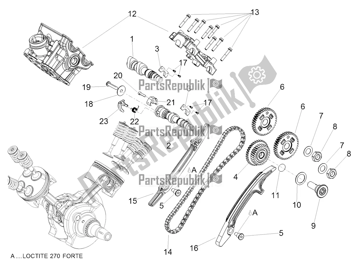 All parts for the Rear Cylinder Timing System of the Aprilia Dorsoduro 900 ABS USA 2019