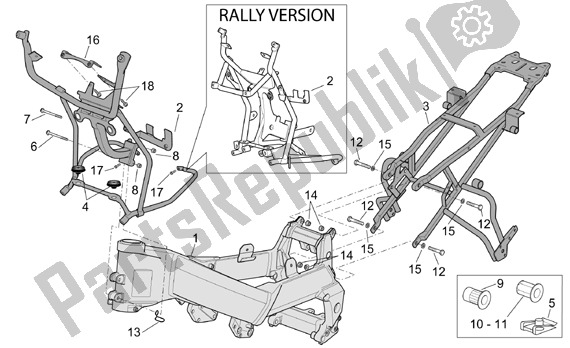 Alle onderdelen voor de Frame I van de Aprilia ETV Capo Nord-rally 17 1000 2001 - 2003