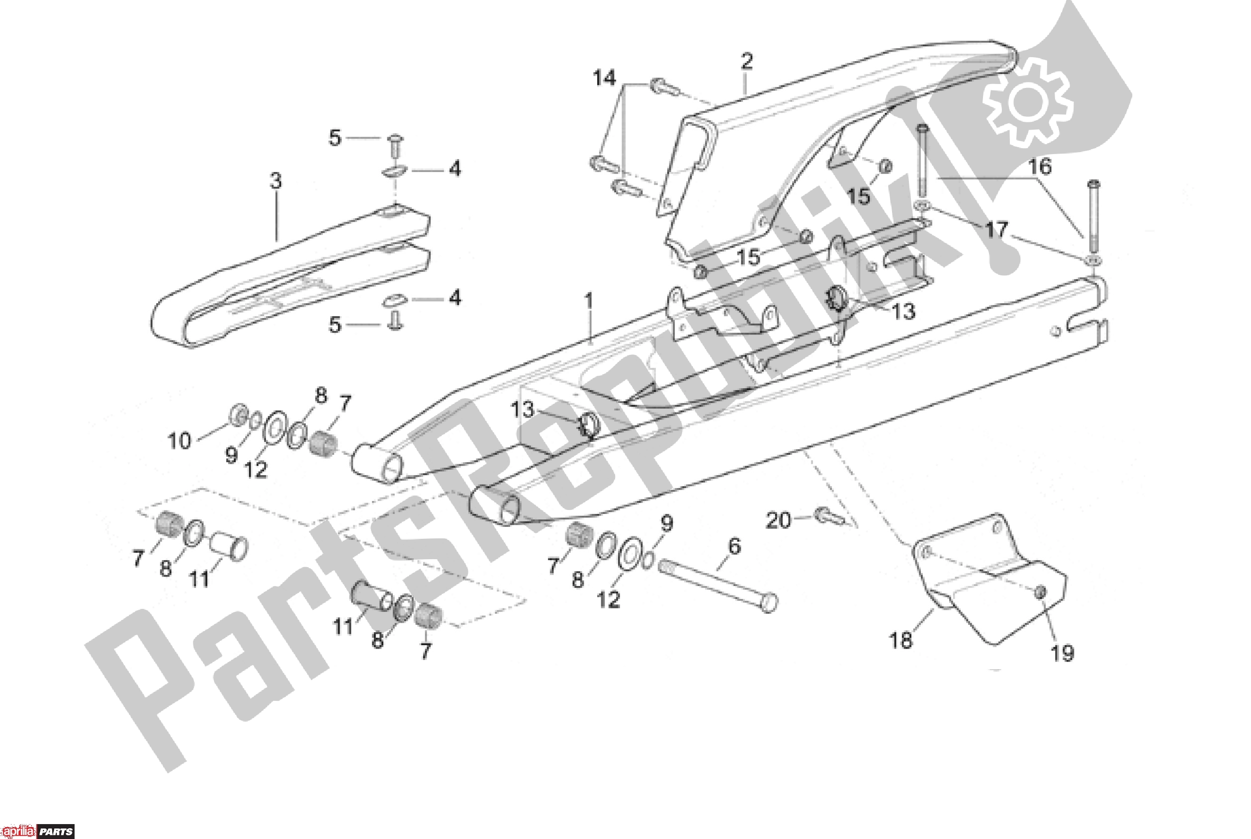 All parts for the Swingarm of the Aprilia ETX / RX 108 125 1999 - 2001