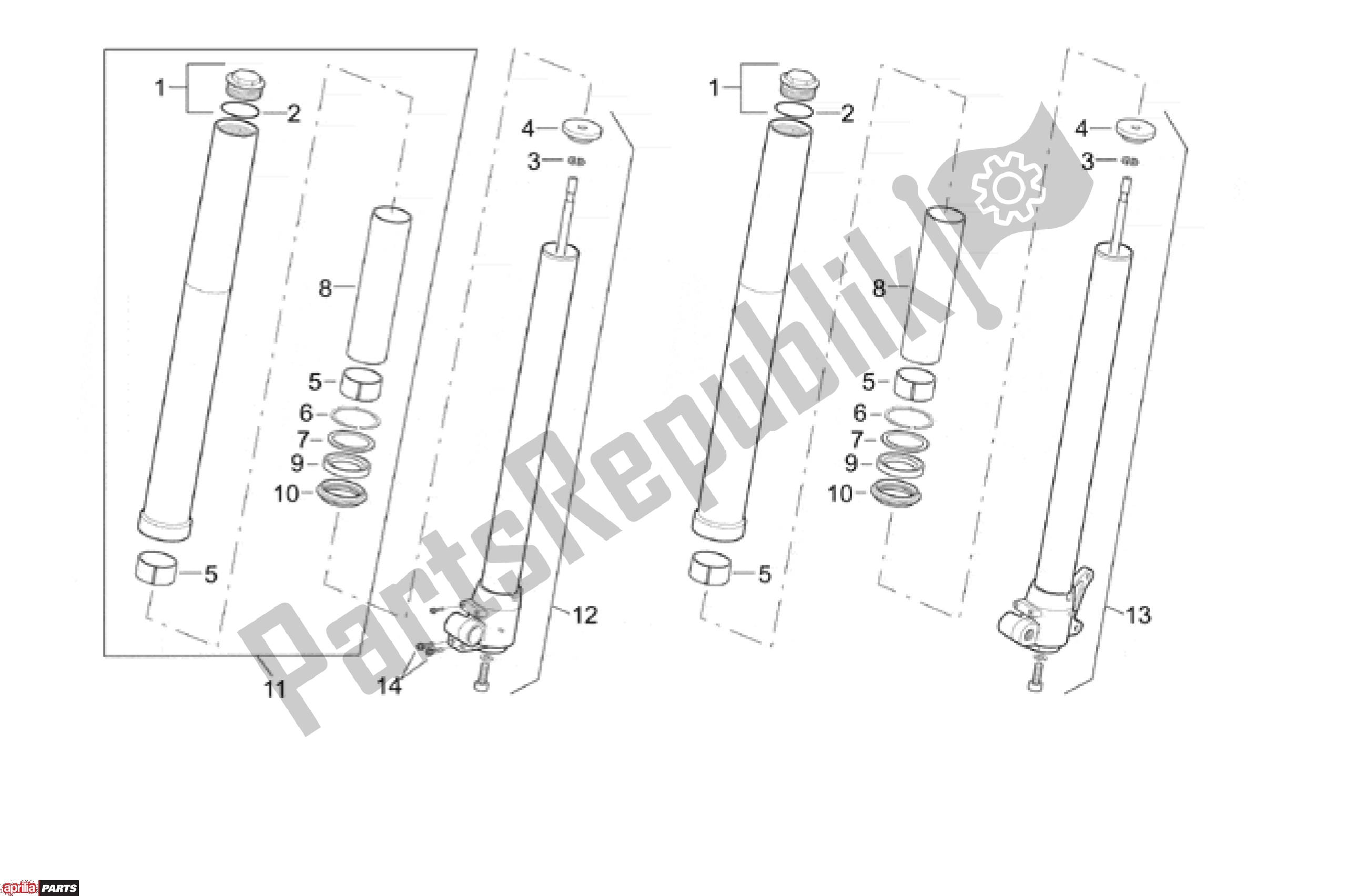 Alle onderdelen voor de Voorpoten van de Aprilia ETX / RX 108 125 1999 - 2001