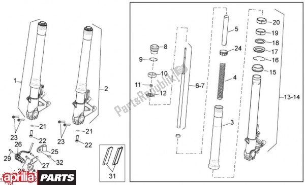 All parts for the Front Fork Showa of the Aprilia Mana GT 55 850 2009 - 2011