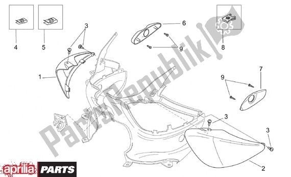 Todas as partes de Voorschermafdekkingen do Aprilia Mojito Retro Custom 665 125 1999 - 2001