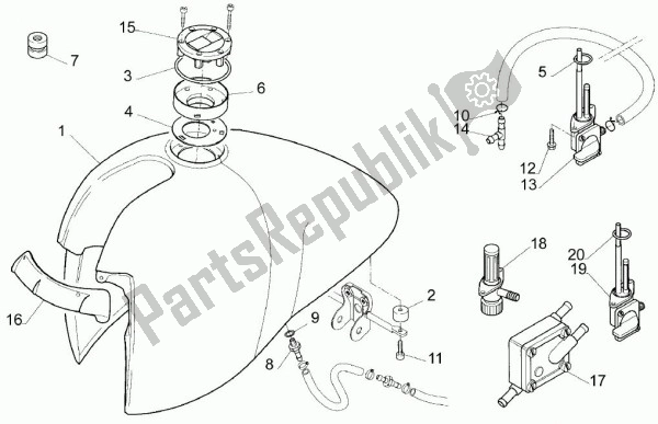 All parts for the Fuel Tank of the Aprilia Moto'6. 5 420 650 1995 - 1999
