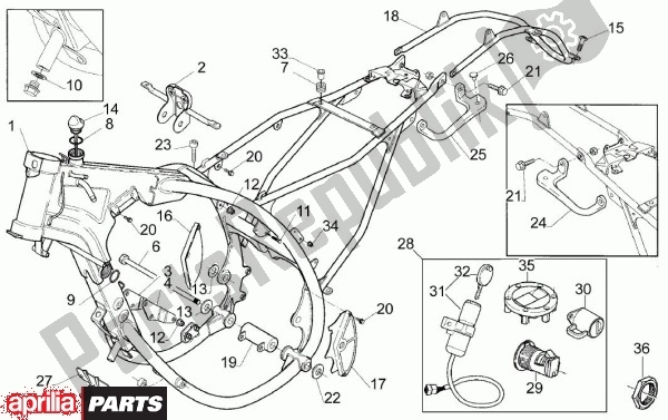 Alle onderdelen voor de Frame van de Aprilia Moto'6. 5 420 650 1995 - 1999