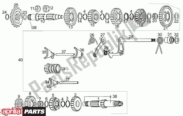 All parts for the Gearshift Drum of the Aprilia Moto'6. 5 420 650 1995 - 1999