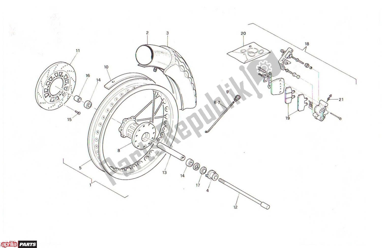 All parts for the Front Wheel of the Aprilia Red Rose 606 125 1987 - 1990