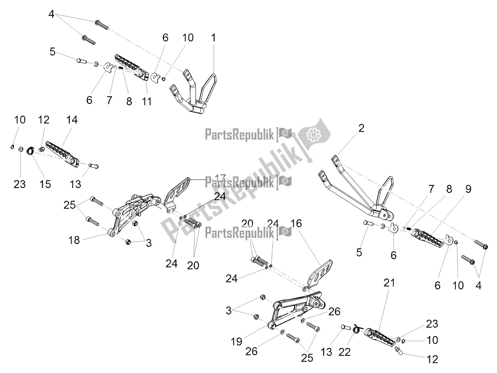 All parts for the Foot Rests of the Aprilia RS 125 4T ABS 2018