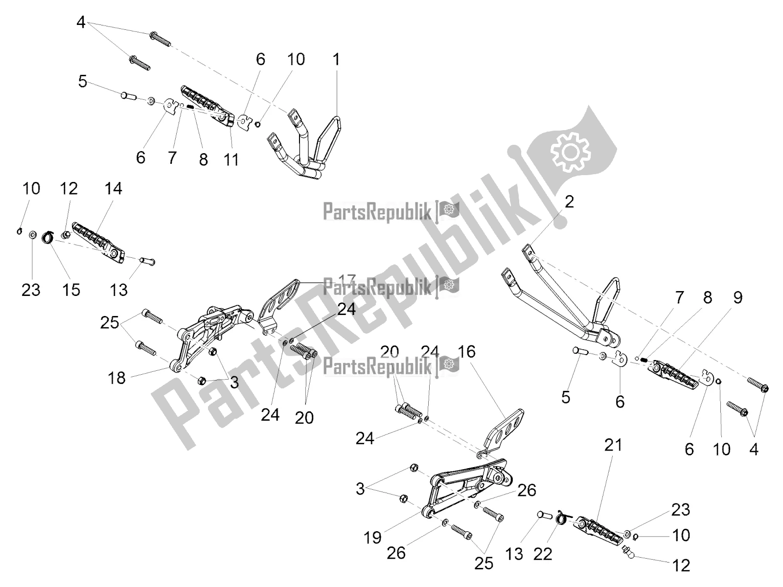 All parts for the Foot Rests of the Aprilia RS 125 4T ABS 2020