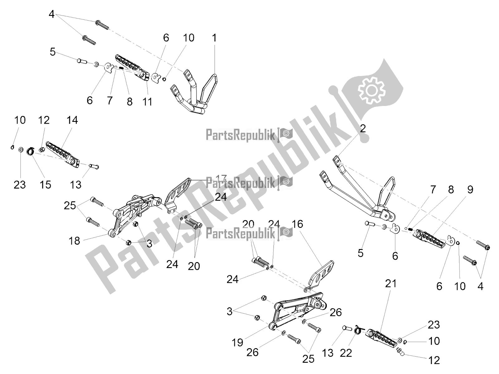 Todas as partes de Descansos Para Os Pés do Aprilia RS 125 4T ABS Replica 2019