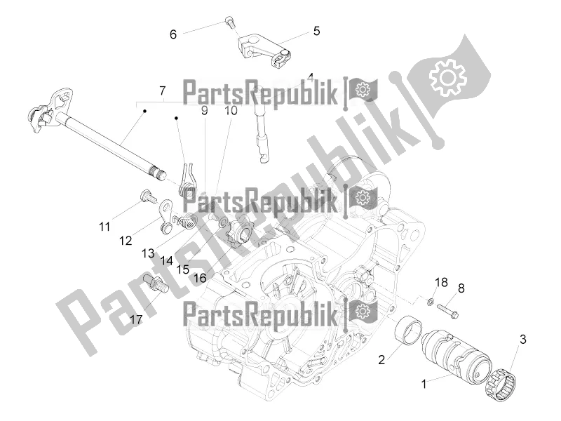 All parts for the Gear Box / Selector / Shift Cam of the Aprilia RS 125 Replica 4T 2017