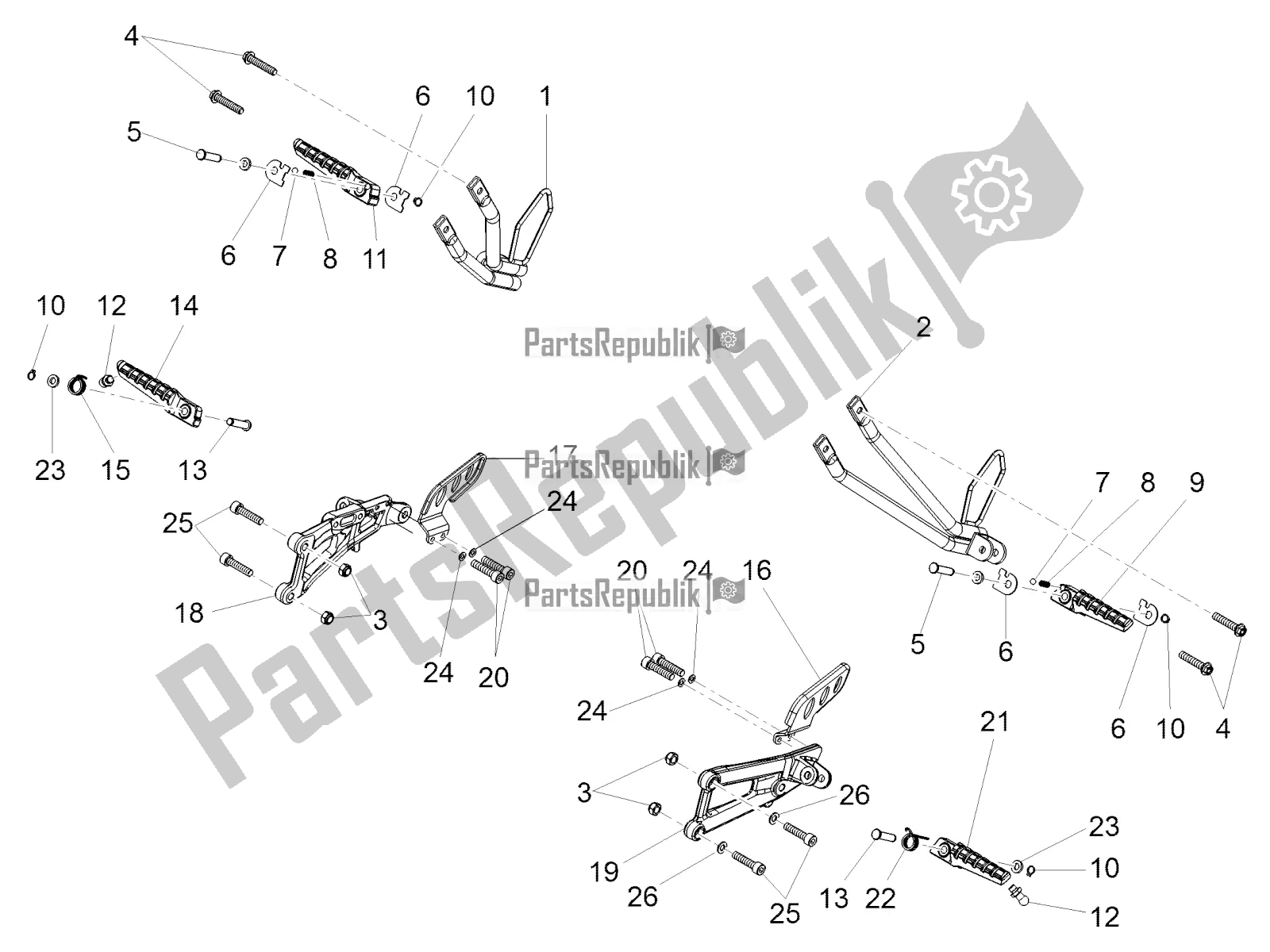 All parts for the Foot Rests of the Aprilia RS 125 Replica 4T 2018