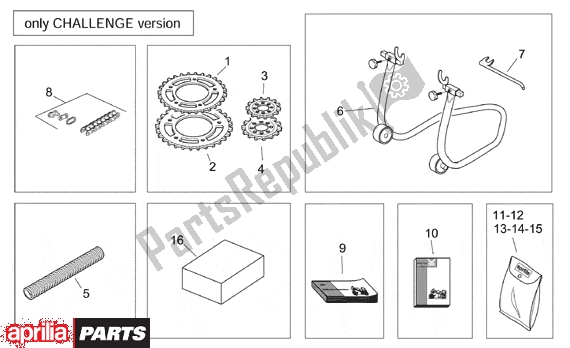 Alle onderdelen voor de Accessories Kit Challenge Version van de Aprilia RS 381 250 1998 - 2001