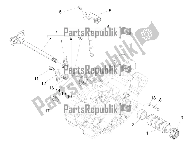 All parts for the Gear Box / Selector / Shift Cam of the Aprilia RS4 125 4T 2016