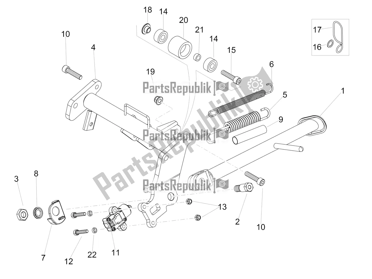 Alle onderdelen voor de Centrale Standaard van de Aprilia RS4 50 2T 2021