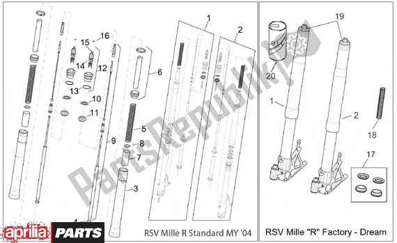 Alle onderdelen voor de Front Fork I van de Aprilia RSV Mille R Factory Dream 397 1000 2004 - 2006
