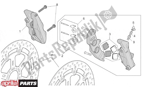 All parts for the Voorwielremklauw R Rf of the Aprilia RSV Tuono R 395 1000 2002 - 2005