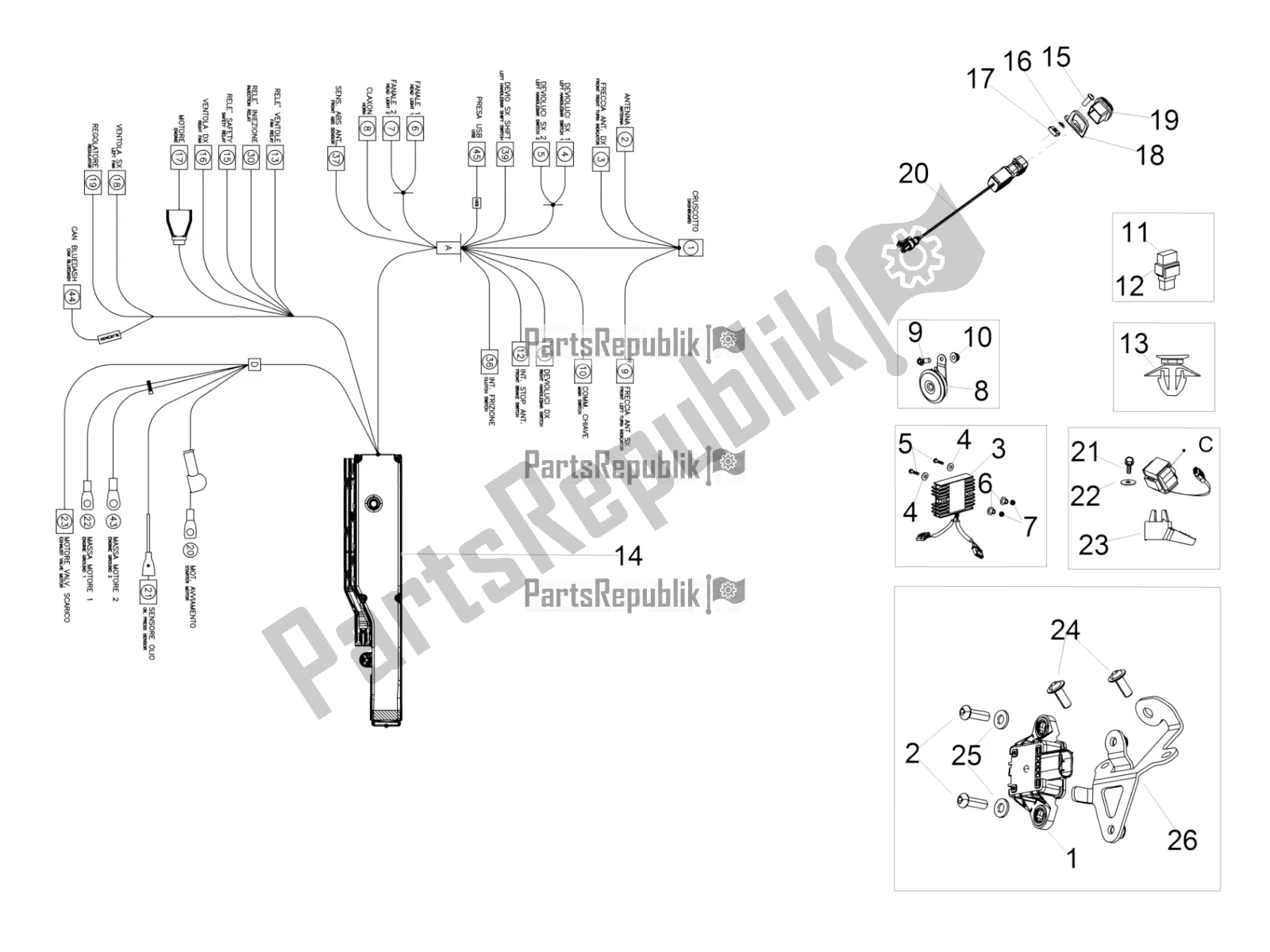 All parts for the Front Electrical System of the Aprilia RSV4 RR ABS 1000 2019