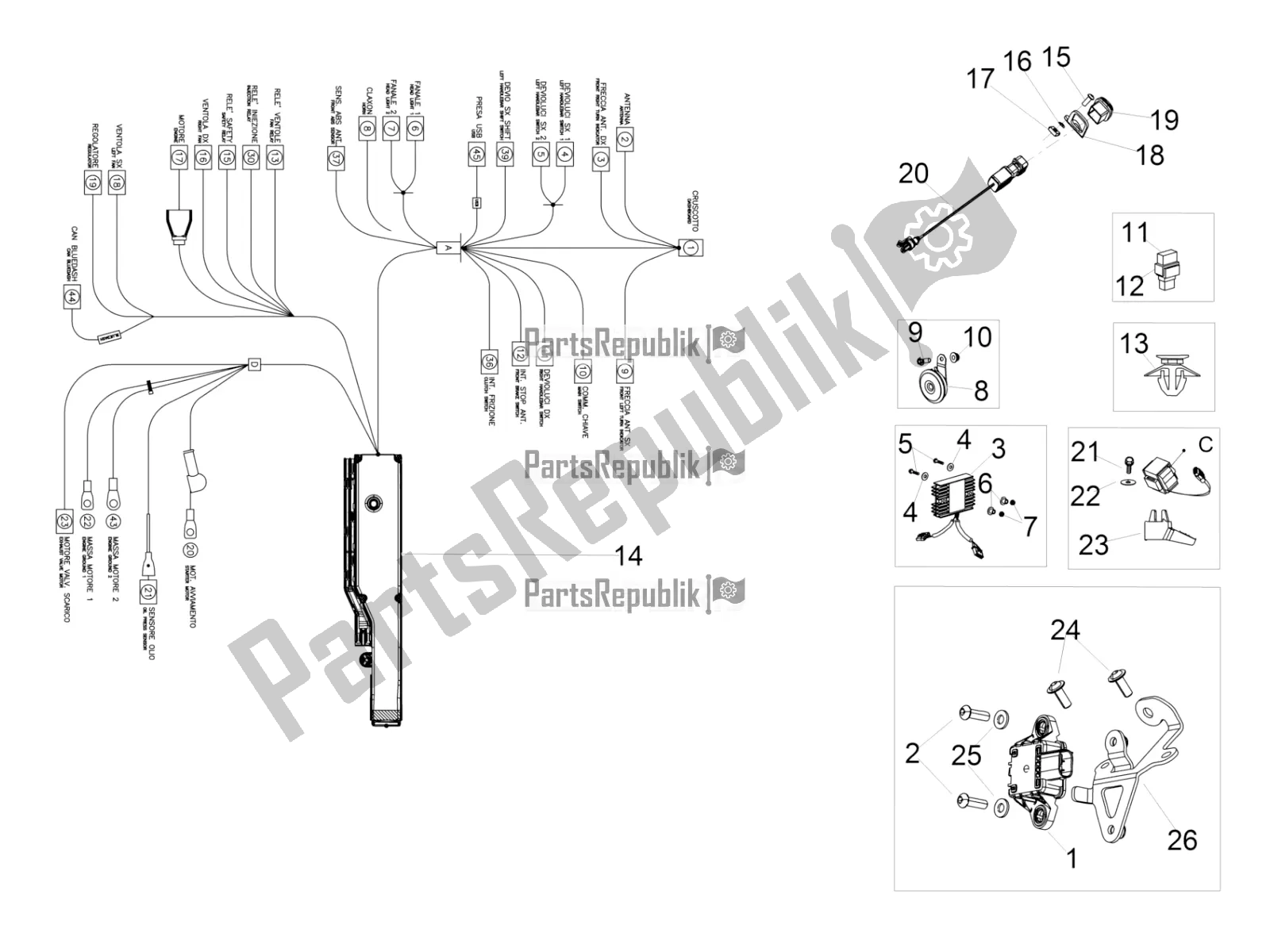 Todas las partes para Sistema Eléctrico Frontal de Aprilia RSV4 RR ABS Asia Pacific 1000 2020