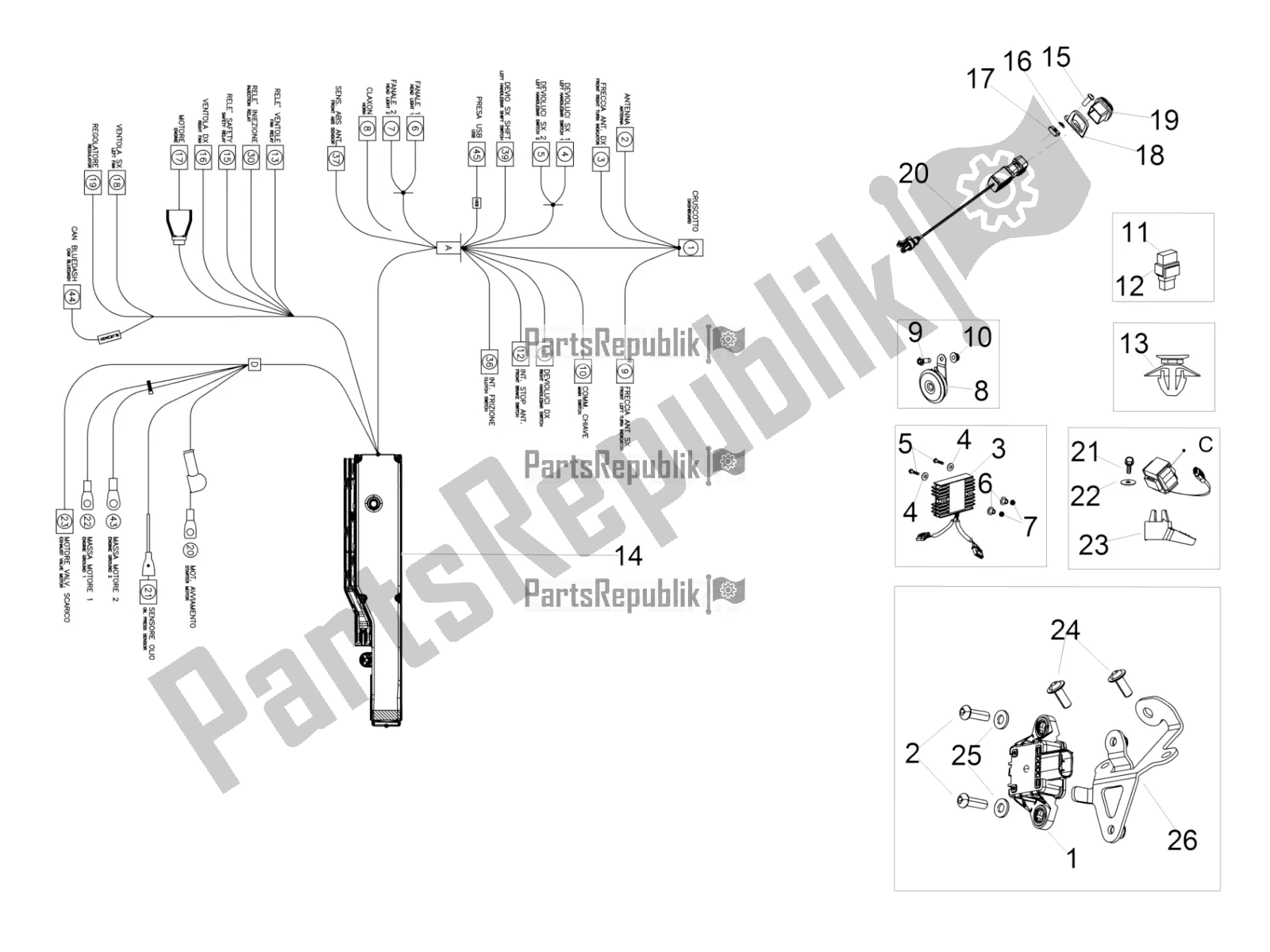Alle onderdelen voor de Front Elektrisch Systeem van de Aprilia RSV4 RR ABS USA 1000 2020