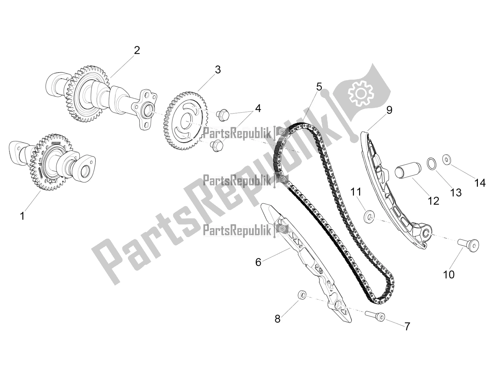 Alle onderdelen voor de Voorste Cilinder Timing Systeem van de Aprilia RSV4 1100 ABS USA 2021