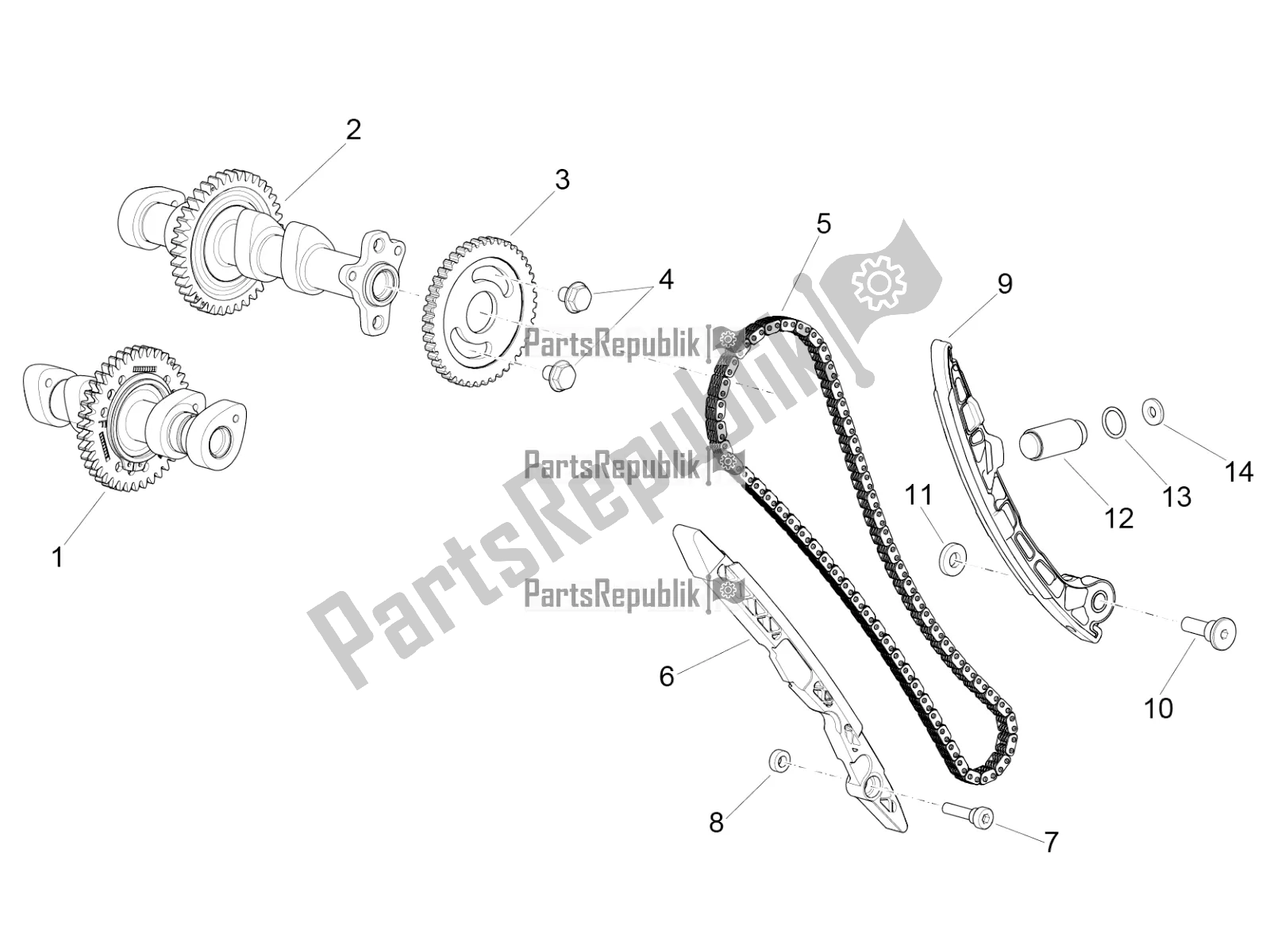 Alle onderdelen voor de Voorste Cilinder Timing Systeem van de Aprilia RSV4 1100 ABS USA 2022