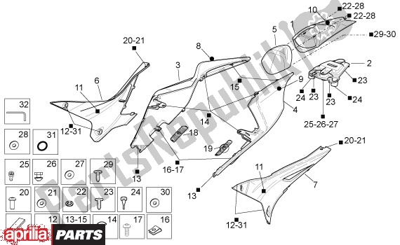 Alle onderdelen voor de Achterkantopbouw van de Aprilia RSV4 Factory SBK Racing 49 1000 2009 - 2010