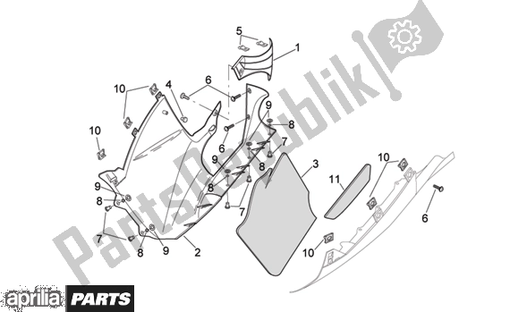 All parts for the Central Body Rh Fairings of the Aprilia RSV Mille 396 1000 2003