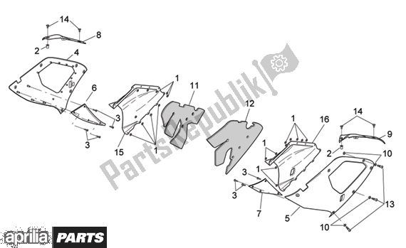 Alle onderdelen voor de Central Body Upper Fairings van de Aprilia RSV Mille 396 1000 2003