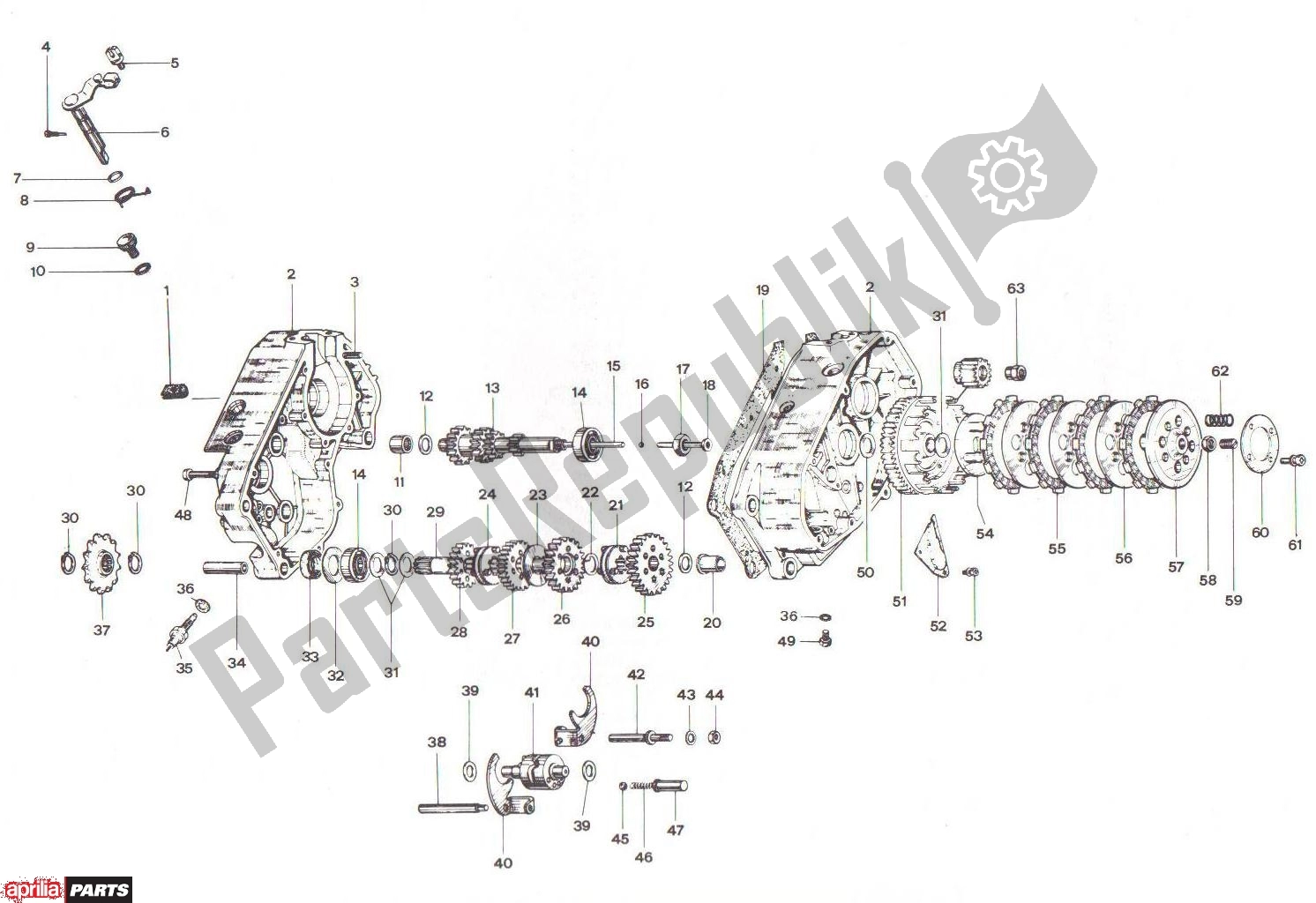 All parts for the Crankcase Clutch Transmission Basamento Frizione Cambio of the Aprilia RV3/4 700 50 1986 - 1992