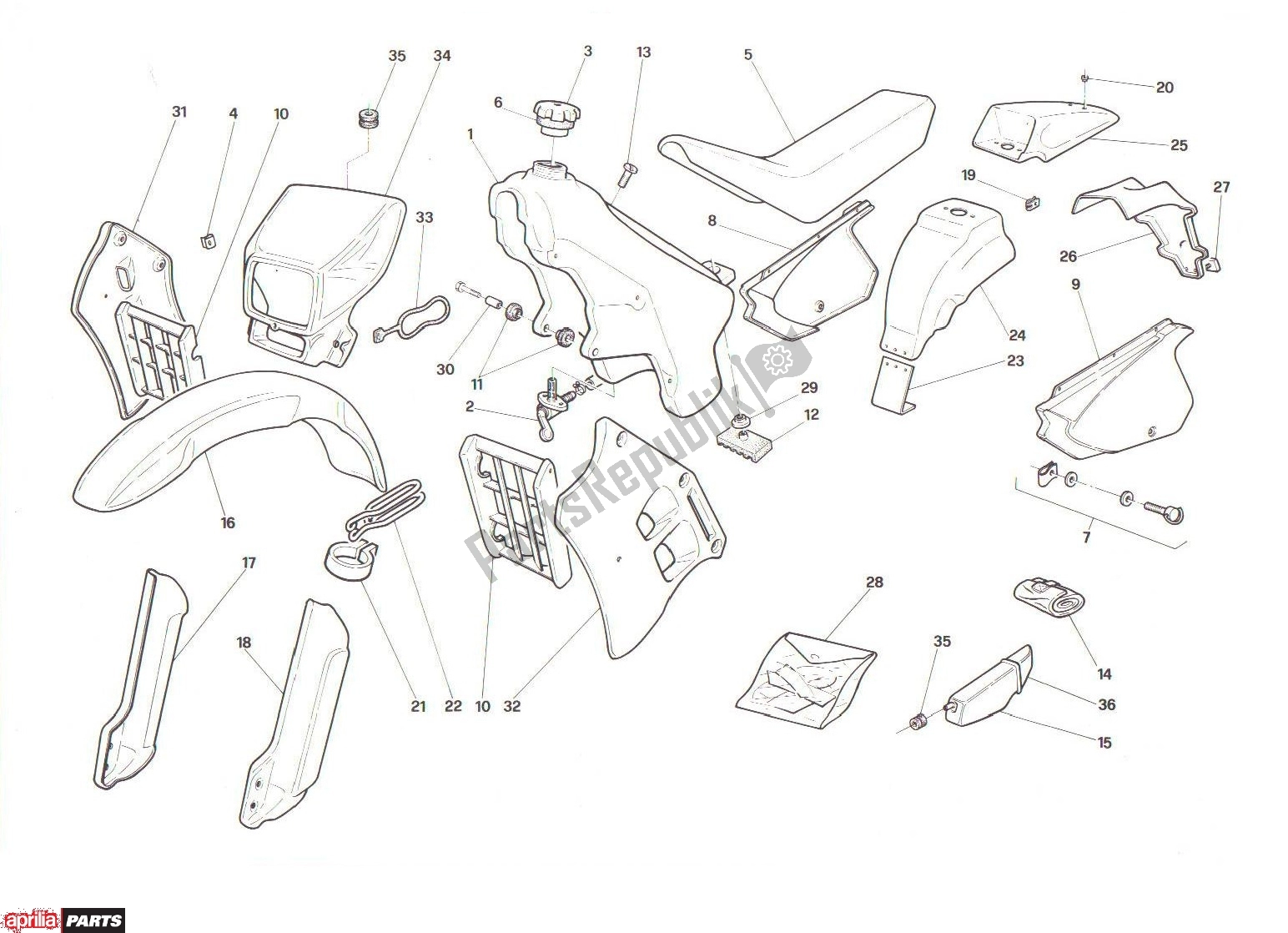 All parts for the Body of the Aprilia RX 104 125 1991