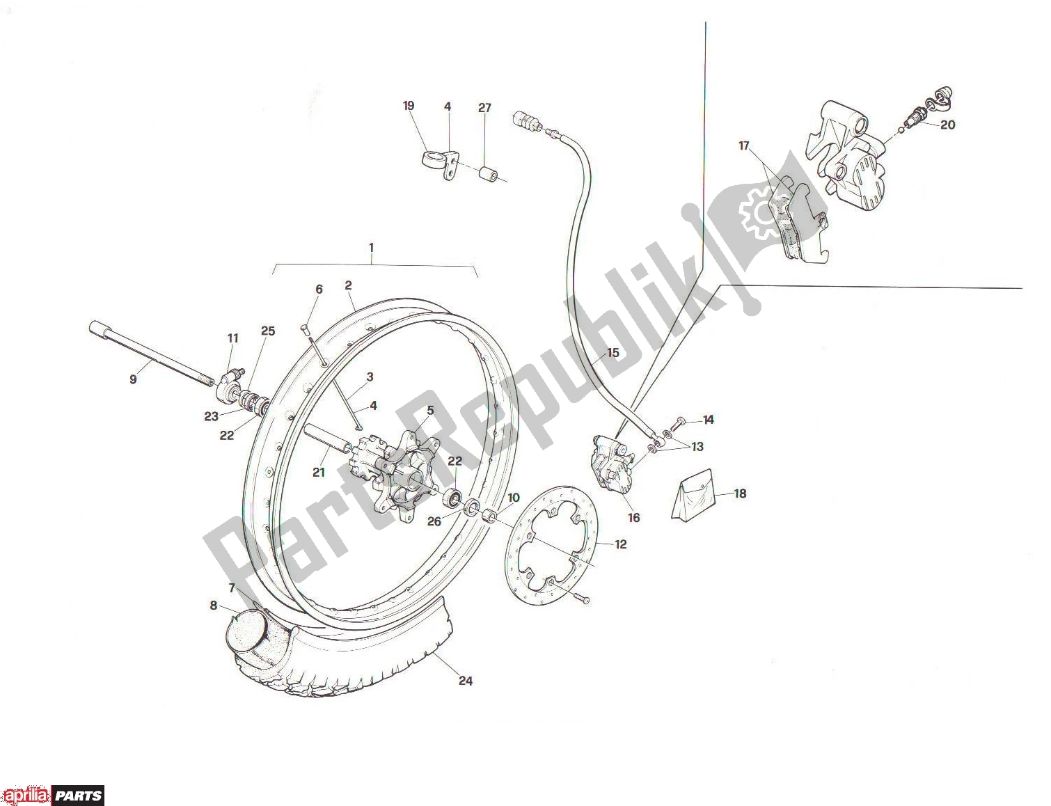 All parts for the Front Wheel of the Aprilia RX 104 125 1991