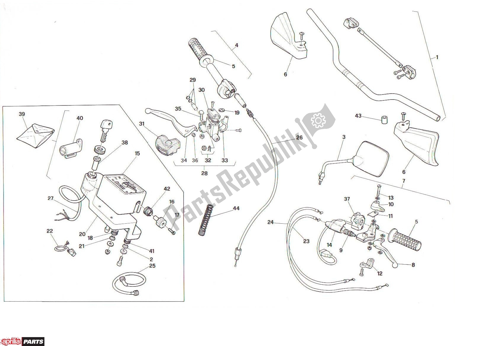 All parts for the Handle Bars of the Aprilia RX 104 125 1991