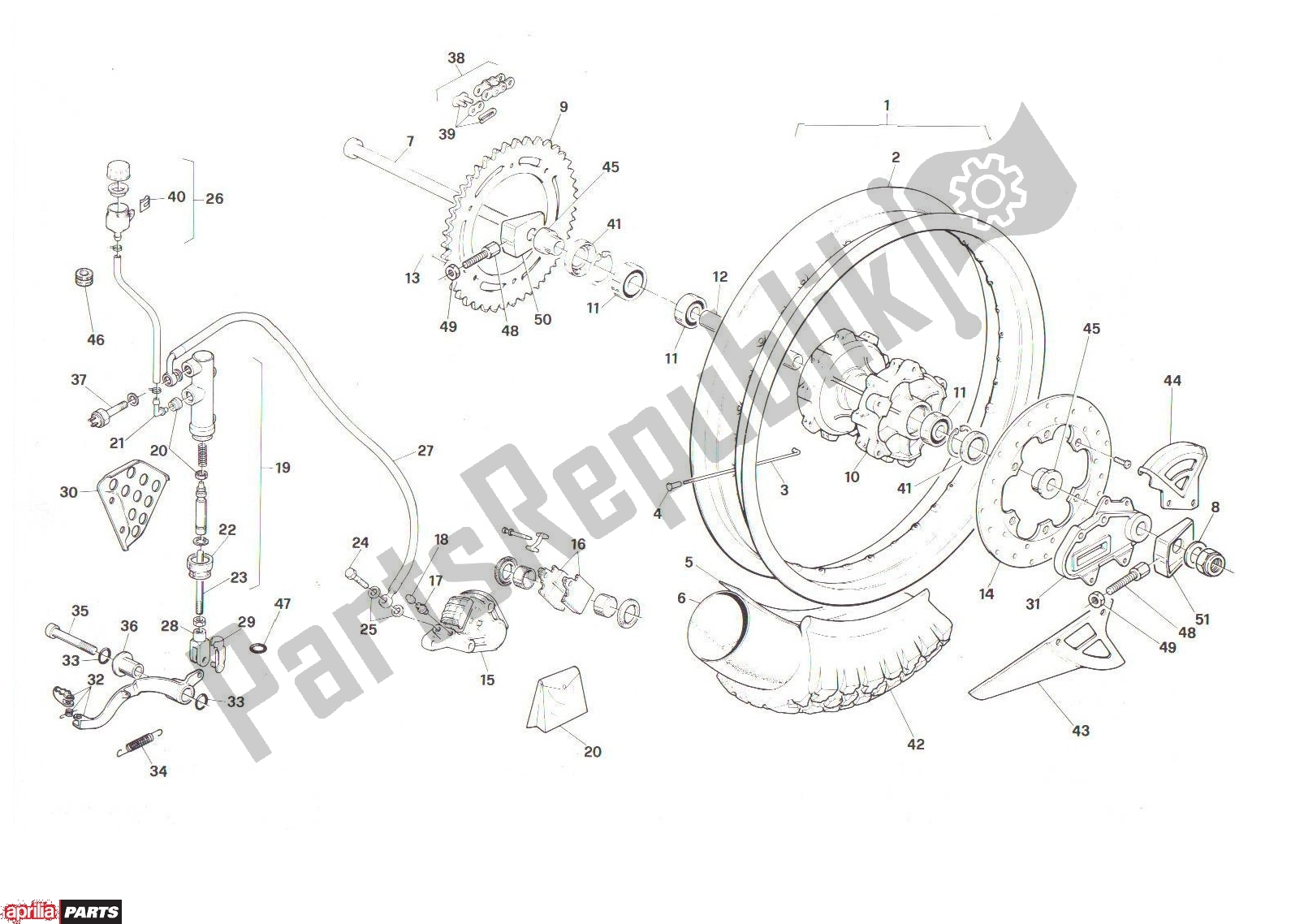 All parts for the Rear Wheel of the Aprilia RX 104 125 1991