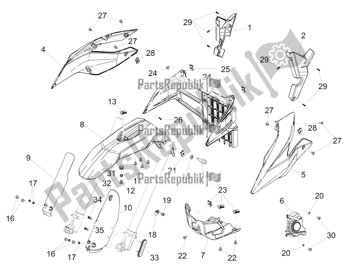 Alle onderdelen voor de Voorkant Lichaam van de Aprilia RX 125 Apac 2019